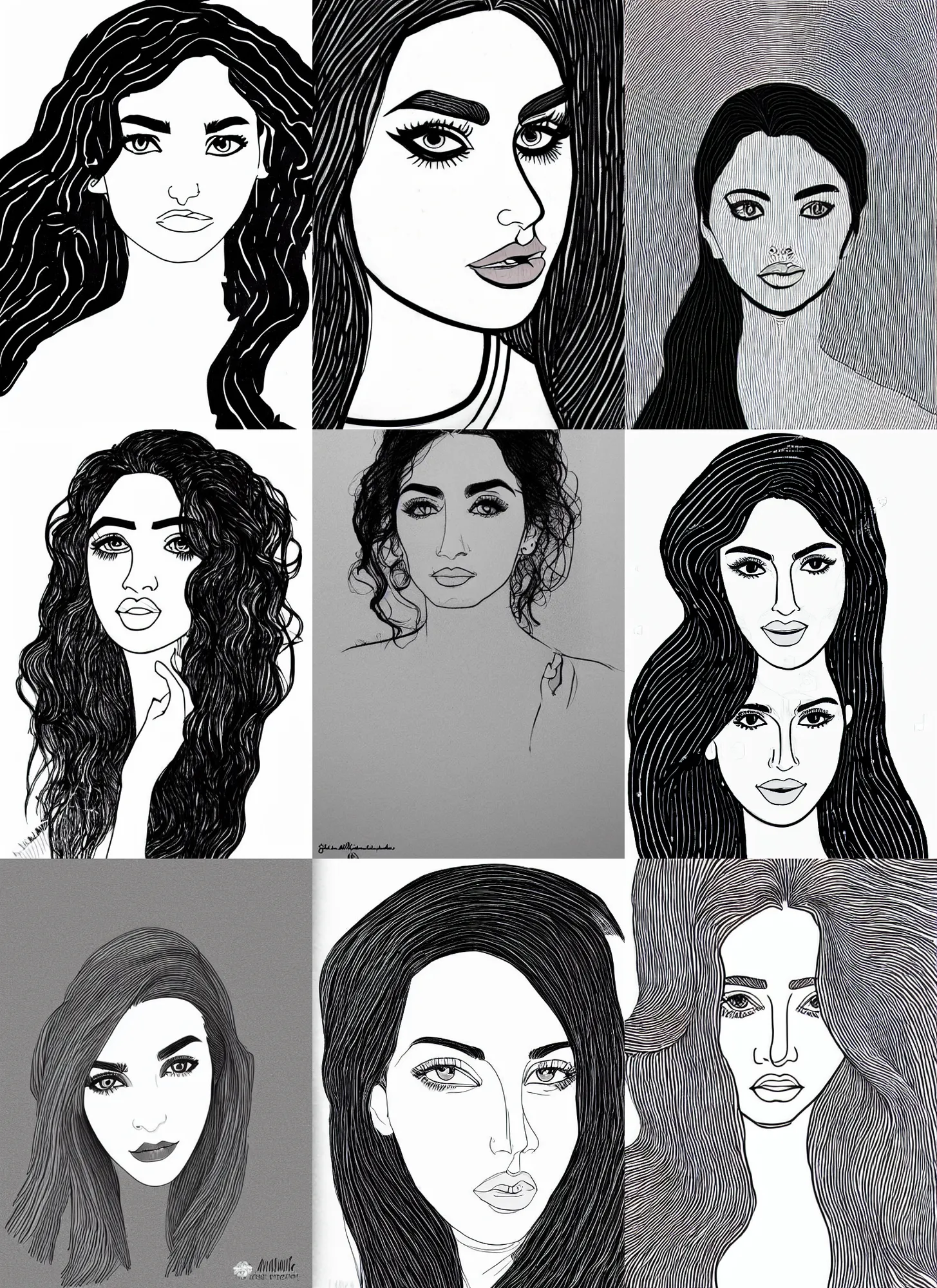 Prompt: tanned ameera al taweel, blue eyes, wavy black hair, confident beautiful minimalist line art drawing