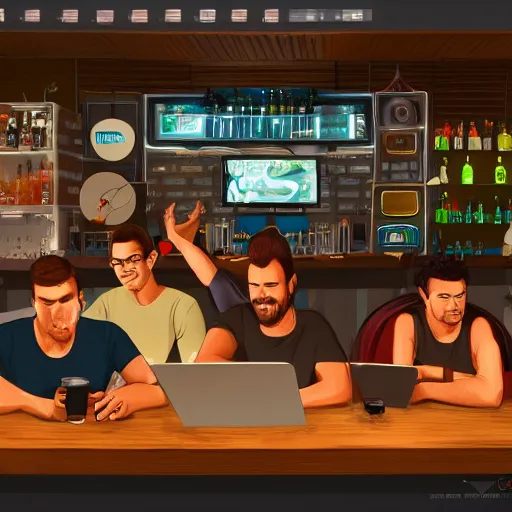 Image similar to a man playing on a computer, sitting outside at a crowded bar, his friends are frustrated, hyper detailed, uhd, 8 k, digital art, award winning, trending on artstation,