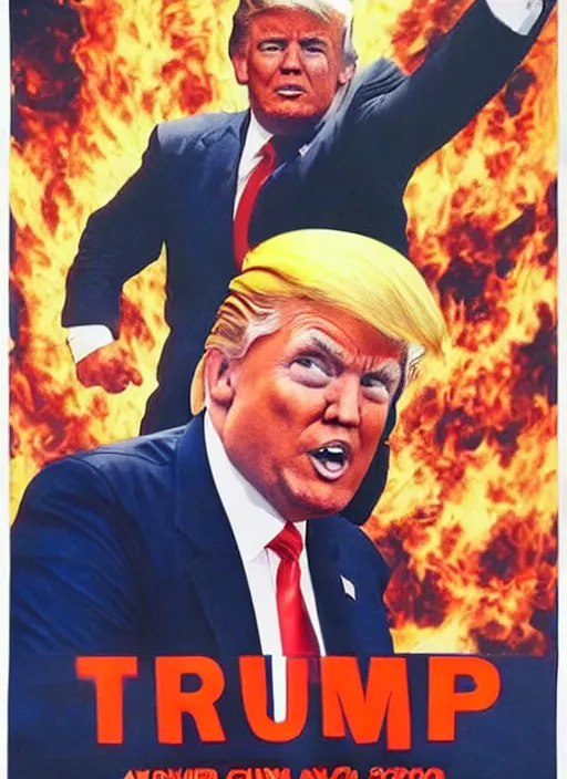 Prompt: an 8 0's john alvin action movie poster of donald trump starring in trumpster fire. dumpster explosions.