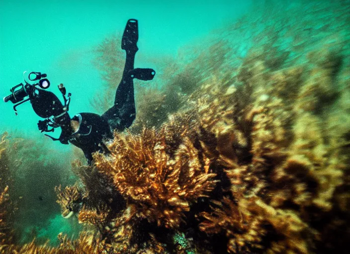 Prompt: underwater photo with a tiny cyborg in the center. Cinematic post-processing. Award winning