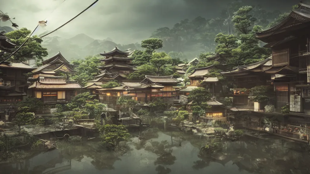 Prompt: small, oriental, japanese village with cyberpunk, techno - futuristic elements, designed in blender, octane render, fantasy, landscape, hyperrealistic, highly detailed, 4 k hd