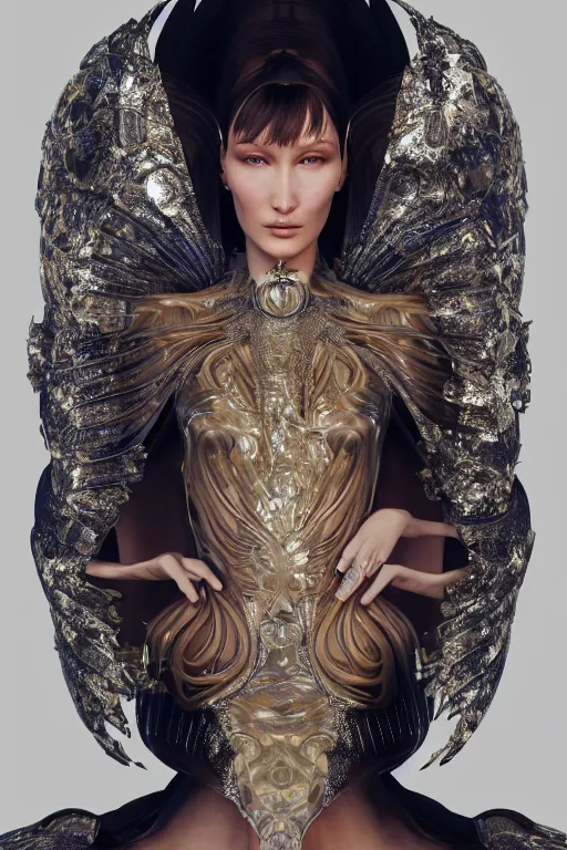 Image similar to a highly detailed medium shot 8 k render portrait of an alien goddess bella hadid in iris van herpen dress schiaparelli armor in diamonds and lots of jewelry in style of alphonse mucha trending on artstation made in unreal engine 4