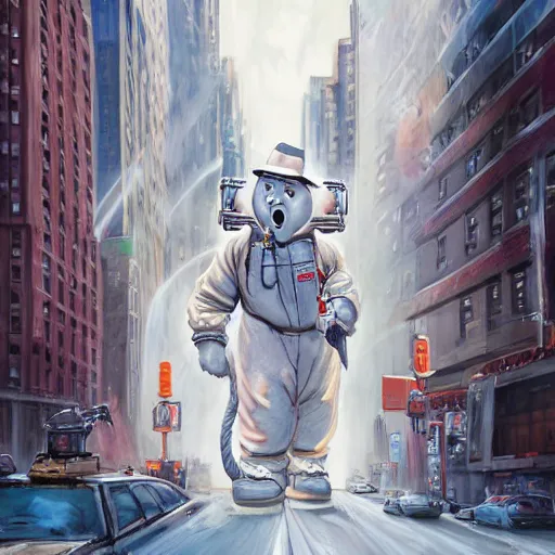 Image similar to the ghostbusters marshmallow man wearing timberlands and a yankee hat smoking a joint walking threw new york city, highly detailed portrait, digital painting, artstation, concept art, smooth, sharp foccus ilustration, artstation hq