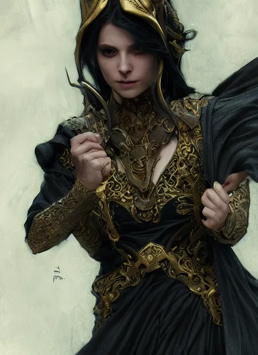 Image similar to medium-length portrait of a female dragonborn wizard with black scales and golden eyes, serious expression, wears a beautiful flowing dark robe, medieval setting, highly detailed, digital painting, artstation, concept art, sharp focus, illustration, art by greg rutkowski and alphonse mucha