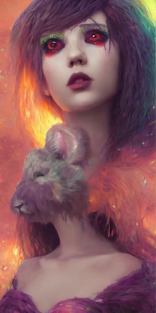 Prompt: A beautiful colorful portrait of a fluffy gothic Bunny Girl, oil painting, final fantasy, Greg Rutkowski, Ilya Kuvshinov, unreal 5, hyperrealistic, octane render, fullbody RPG portrait, dynamic lighting, fantasy art, beautiful face, gustav klimt