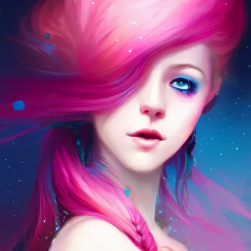 Image similar to colorful and festive captivating teenager girl with pink hair, cyan top crop, black skirt, black leggings, cute look. rich vivid colors, ambient lighting, dynamic lighting, 4 k, atmospheric lighting, painted, intricate, highly detailed by charlie bowater