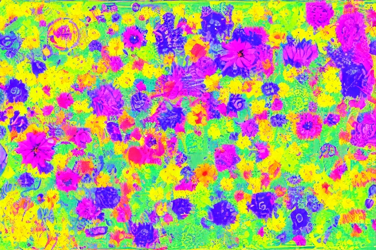 Image similar to in the style of neurographic drawing of a field of flowers