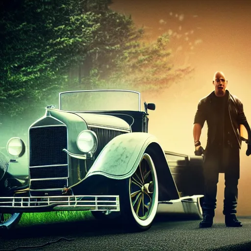 Prompt: very closeup photo of vin diesel standing near ford model t, fog, volumetric lighting, bokeh, ultra realistic, highly detailed, city, cinematic, art by jan urschel and neil blevins