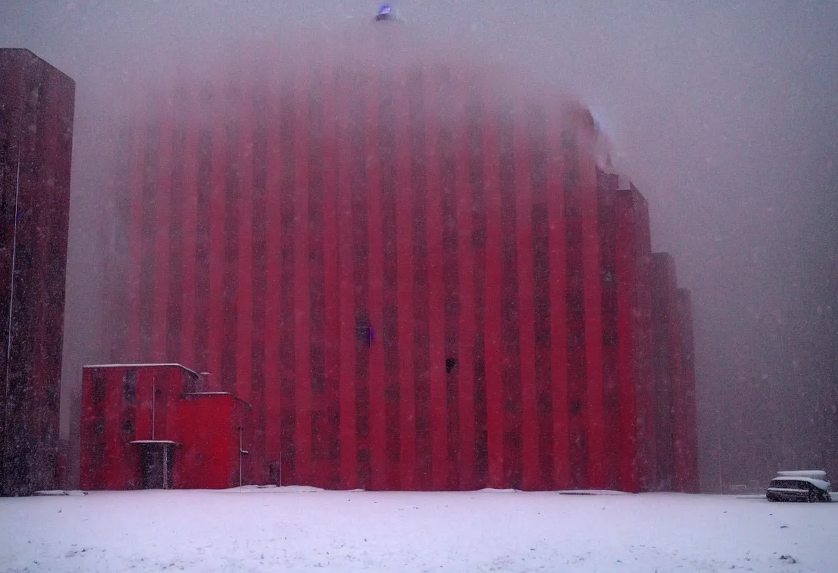 Prompt: a brutalist doomsday building in the snow, dark red drapes hanging out of the windows, mist, ominous