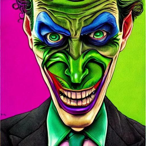 Image similar to an extremely psychedelic portrait of the riddler as the joker, surreal, lsd, face, detailed, intricate, elegant, lithe, highly detailed, digital oth, sharp focus, illustration,