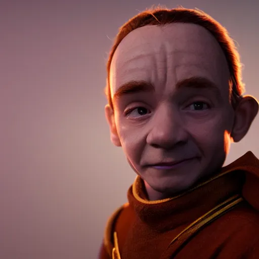 Image similar to portrait of lightfoot halfling wizard, brown hair, purple robes, holding blue wand, trending on artstation, cinematic lighting, hyper realism, octane render, 8 k, hyper detailed