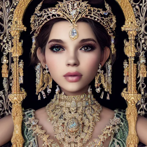 Image similar to portrait of pretty princess with perfect skin, glowing, ornate and intricate diamond jewelry, jaw dropping beauty, ornate and intricate backdrop, white accent lighting, hyper detailed, 4 k octane render