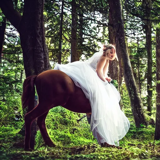 Prompt: a girl in a wedding dress riding a unicorn in the forest, trending on attestation