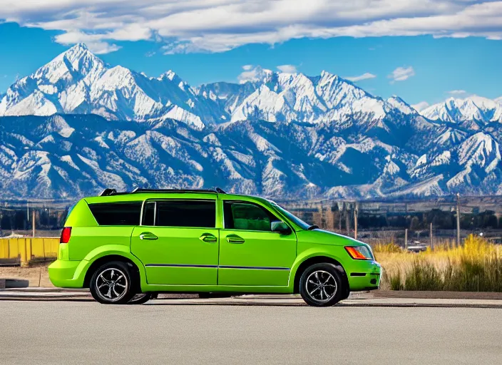 Prompt: lime green dodge caravan in a parking lot with the wasatch mountains in the background, photography, high definition