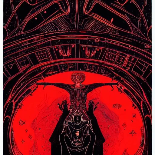 Image similar to red curtains, black paper + tarot card + eldritch god, vintage detailed sci-fi illustration designed by Marc Simonetti and Mike Mignola + psychedelic black light style + intricate ink illustration + symmetry + bloodborne, dark and mysterious, atmospheric, ominous, eerie, cinematic, 4k, ultra detail, ultra realistic