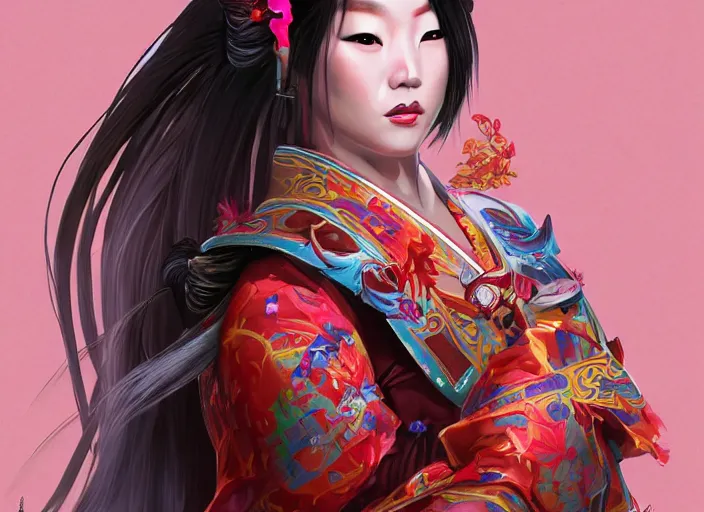 Image similar to jenny kim as geisha warrior concept art, symmetrical, rule of three, detailed body, detailed face, ultradetailed digital illustration, 8 k, epic atmosphere, digital art by dang my linh and simon cowell