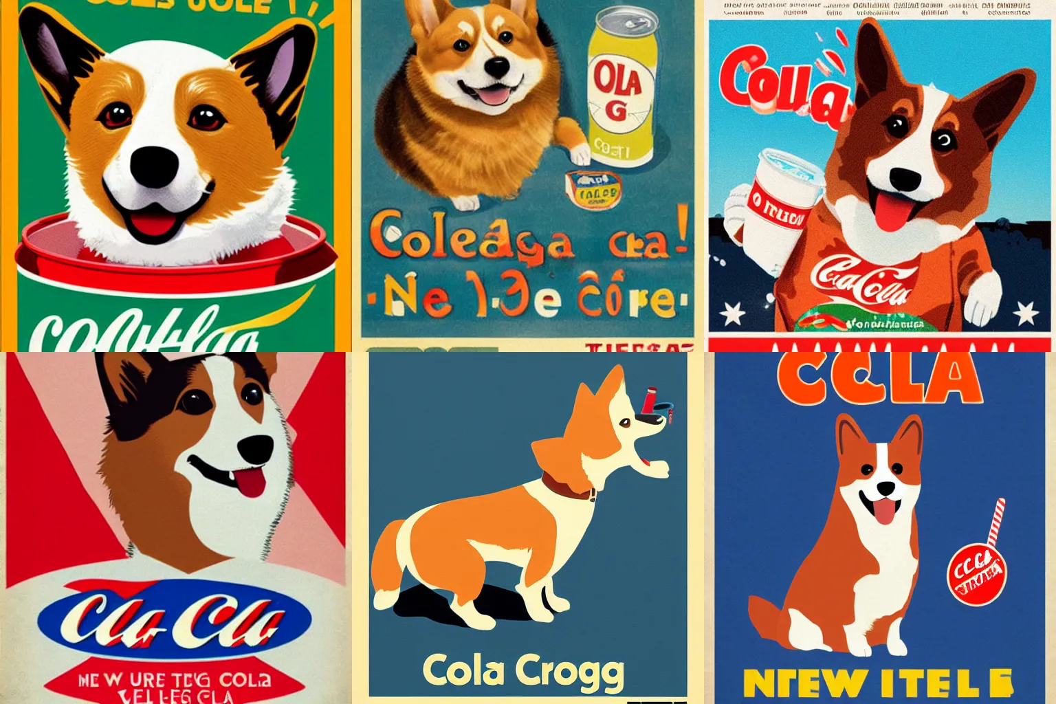 Prompt: A 20ies style poster of a corgi advertising the new cola