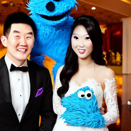 Image similar to cookie monster marrying justin sun, professional gay wedding photography