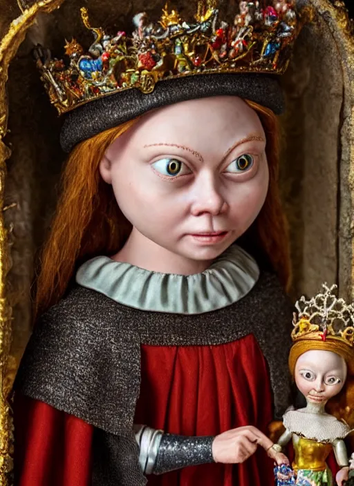 Prompt: closeup medieval jan van eyck face portrait of tin toy greta thunberg medieval goblin as a fairytale princess wearing a crown eating cakes in the castle, bikini, detailed and intricate environment, nicoletta ceccoli, mark ryden, lostfish, hyperrealistic, octane render