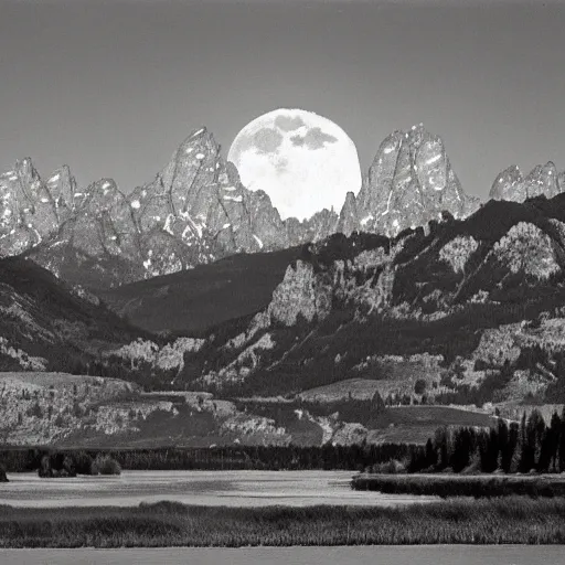 Image similar to the moon above the tetons and the snake river, by ansel adams,