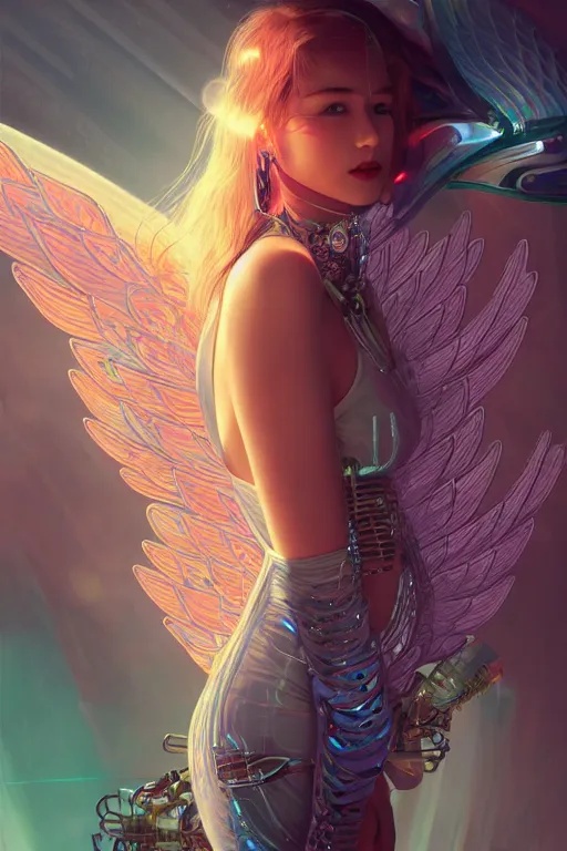 Image similar to portrait futuristic goddess angel Girl with wings, in future cyberpunk tokyo rooftop , ssci-fi, fantasy, intricate, very very beautiful, elegant, human anatomy, neon light, highly detailed, digital painting, artstation, concept art, smooth, sharp focus, illustration, art by tian zi and WLOP and alphonse mucha