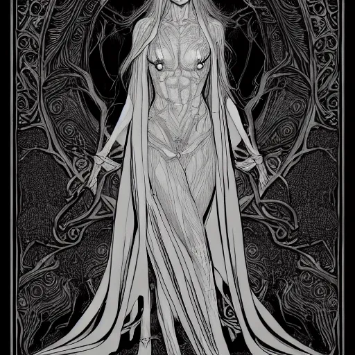 Image similar to wideview of an elven witch,intricate, veins, by Hugo pratt, ultradetailed, trending on artstation,