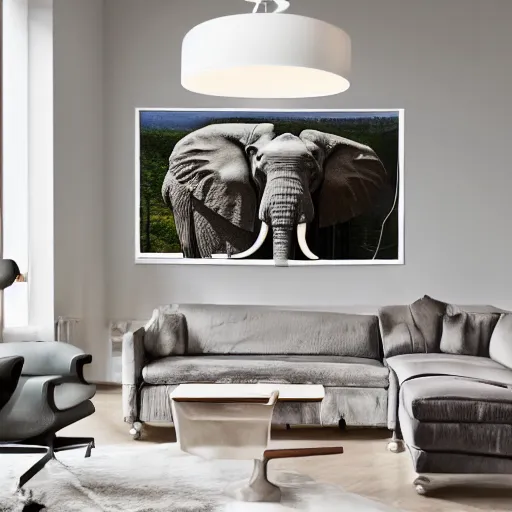 Prompt: a large lamp, shaped as an elephant, placed in a large living room, art designers magazine HD photo superrealism 3d 8k resolution