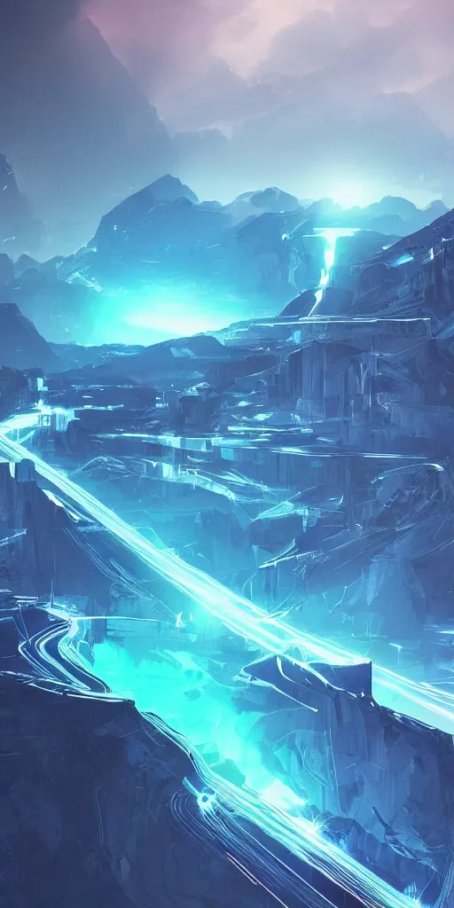 Prompt: neon blue line fantasy world, hyper realistic, sci-fi, landscape, nature