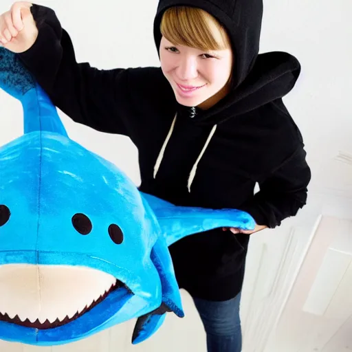 Image similar to a blonde girl in a black hoodie holding a blahaj blue shark plush from ikea, anime style