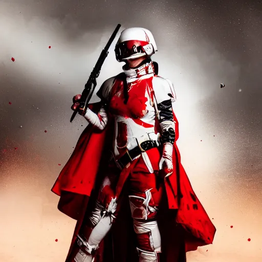 Image similar to a young female soldier wearing blood - spattered glossy sleek white dinged scuffed armor and a long torn red cape, heroic posture, determined expression, elegant, battle weary, no helmet, on the surface of mars, dramatic lighting, cinematic, sci - fi, hyperrealistic, detailed