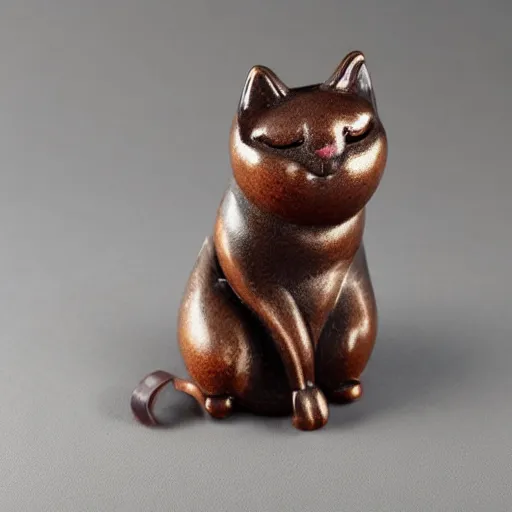 Image similar to elegant seductive anthropomorphic cat figurine wearing a kimono, cast brown resin, toggles, very highly detailed, intricate, monotone, shy looking down