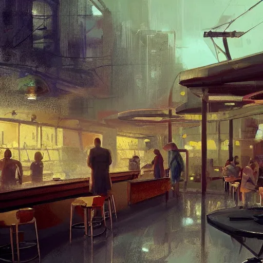 Prompt: Bar. Night. Midcentury architecture. Cinematic. Matte painting in the style of Craig Mullins. Concept art. Trending on Artstation - w 1216