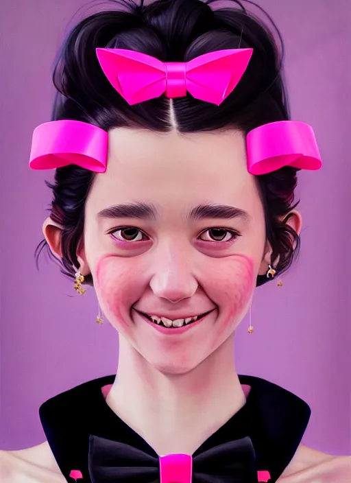 Image similar to portrait of high school girl, realistic, black hair, bangs, half updo hairstyle, pointy nose, skinny, smile, ugly, defined jawline, big chin, pink hair bow, earrings, intricate, elegant, glowing lights, highly detailed, digital painting, artstation, sharp focus, illustration, art by wlop, mars ravelo and greg rutkowski