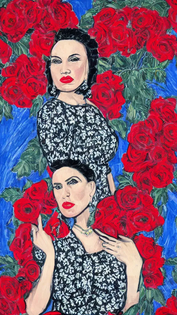 Image similar to portrait of rebekah delrio in lynch pattern dress beside of a big persian detailed pot of red roses, blue and red lights, mulholland drive, painted by egon sheile