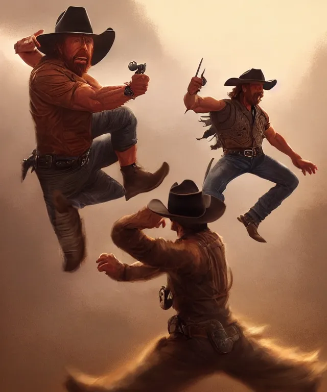 Prompt: chuck norris, cinematic, wearing a cowboy hat, kicking a ninja, elegant, highly detailed, digital painting, artstation, smooth, hard focus, illustration, art by jessica rossier and and brian froud