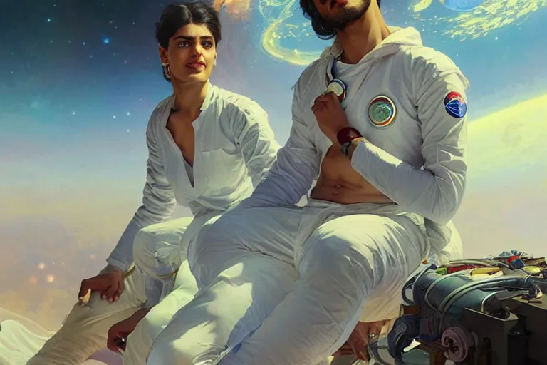 Image similar to Sensual good looking pale young Indian doctors wearing jeans in a space station above Earth, portrait, elegant, intricate, digital painting, artstation, concept art, smooth, sharp focus, illustration, art by artgerm and greg rutkowski and alphonse mucha