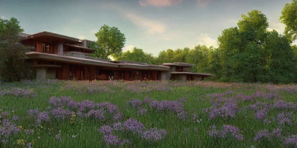 Prompt: cottagecore illustration of a Frank Lloyd Wright house in a meadow by stream in Spring, Pixar and Disney animation, sharp, Rendered in Unreal Engine 5, art by Greg Rutkowski, Bloom, dramatic lighting, sunrise