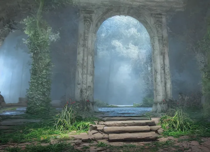 Image similar to oil painting of the entrance to ethereal realm, rendered in unreal engine, central composition