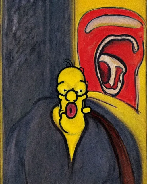 Image similar to a painting of homer simpson screaming in the scream by edvard munch