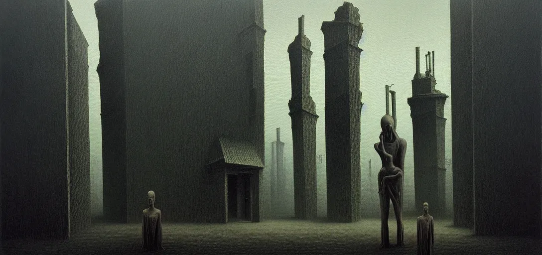 Image similar to deep shadows horror dystopian surreal painting of a single eerie head statue surrounded by buildings by zdzisław beksinski, poverty, broken, relic