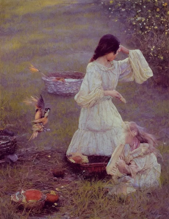 Image similar to portrait of little peasant girl setting free a bird, cottage core, cinematic focus, polaroid photo bleached vintage pastel colors high - key lighting, soft lights, foggy, by steve hanks, by lisa yuskavage, by serov valentin, by tarkovsky, 8 detailed, oil on canvas