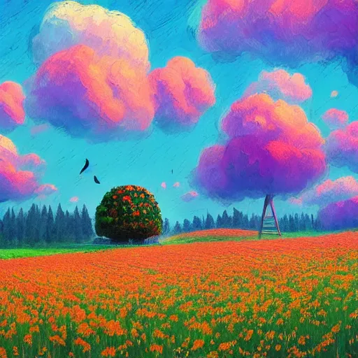 Image similar to flower field becoming a girl with dress and a giant flower as a face, hills, big trees, sunrise dramatic light, impressionist painting, colorful clouds, digital painting, pointillism, artstation, simon stalenhag