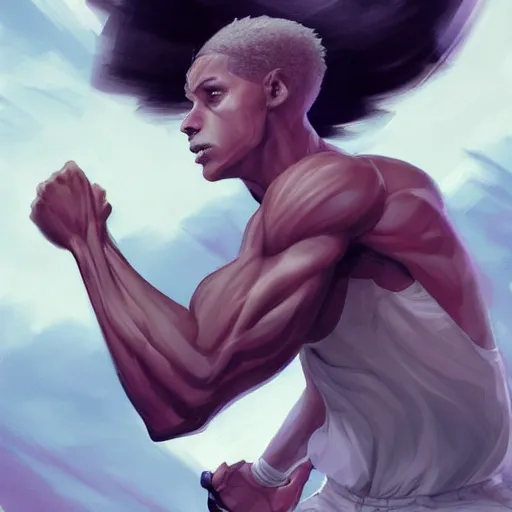 Prompt: beautiful aesthetic portrait commission of an albino male furry anthro sprinter athlete running 100m on athletic track , hyperdetailed, dark atmosphere. Character design by charlie bowater, ross tran, artgerm, and makoto shinkai, detailed, inked, western comic book art, 2022 award winning painting