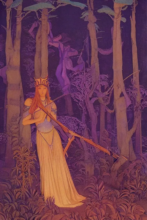 Image similar to lost queen of the forest with her scepter, by Nicholas Roerich and jean delville and Maxfield Parrish, dramatic cinematic lighting , ornate headdress , lost civilizations, extremely detailed, unreal engine