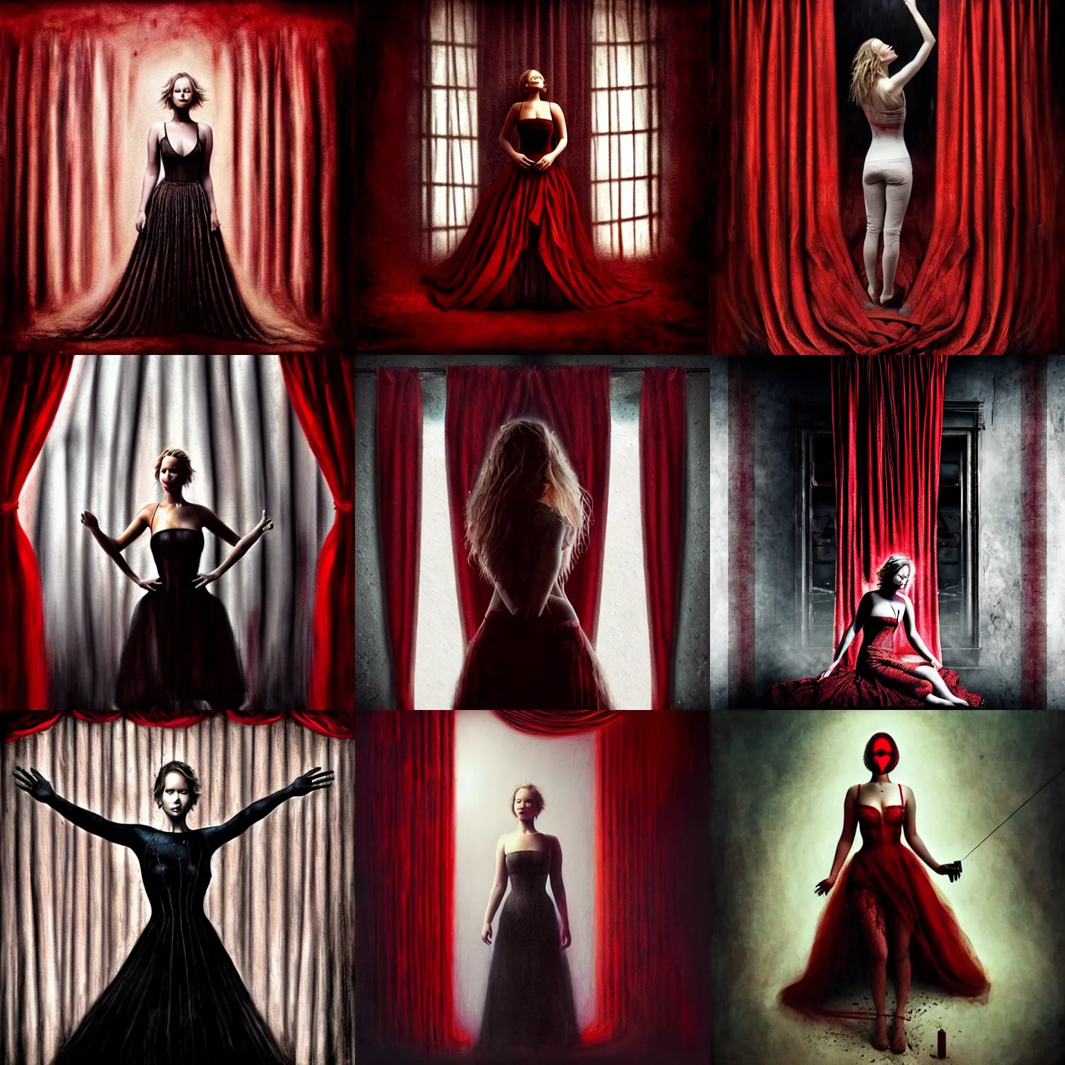 Prompt: Jennifer Lawrence as a strings puppet behind red curtains by Brooke Shaden, strings from hands to ceiling clearly visible, medium shot, intricate, dystopian, sci-fi, extremely detailed, digital painting, artstation, concept art, smooth, sharp focus, illustration, intimidating lighting, incredible art, details visible, very dark ambiance
