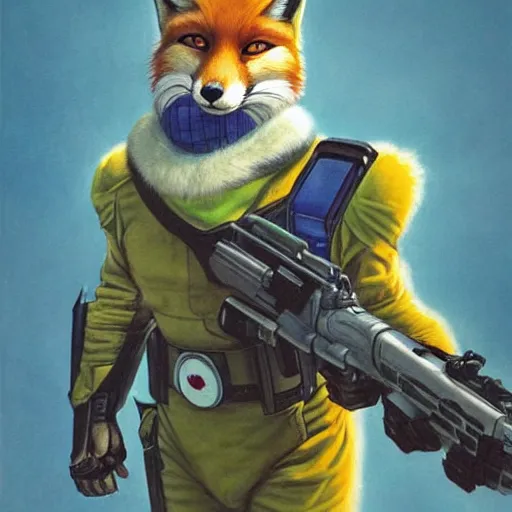 Prompt: a portrait of fox mccloud holding a blaster, suspenseful, heroic, anthropomorphic furry art, star fox, by jim burns, vincent di fate, and peter elson