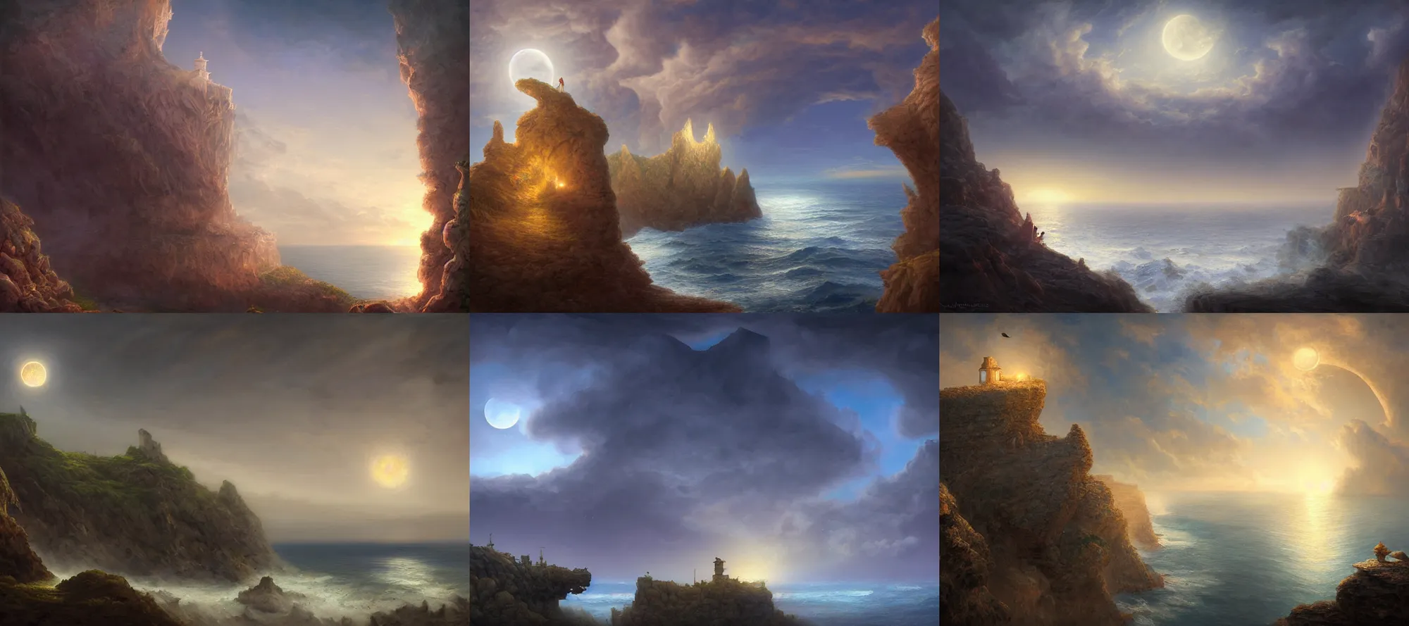 Prompt: a digital painting of cliffs overlooking the sea, clouds concealing the crescent moon and stars at night by justin gerard, paul bonner, volumetric lighting, highly detailed, digital art, artstation hd