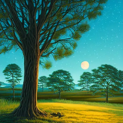 Image similar to This painting has such a feeling of peace and serenity. The tree is so still and calm, despite the wind blowing around it. The moonlight casts a soft glow over everything and the starts seem to be winking at you... by Dan Mumford