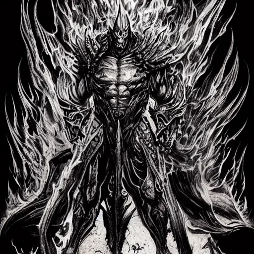 Prompt: full body character concept art diablo lord of terror engulfed in flames, detailed ink drawing by Dmitriy Tkach