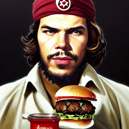 Image similar to portrait of che guevara eating hamburgers, extra onions and ketchup, luscious patty with sesame seeds, feminine ethereal, handsome, d & d, fantasy, intricate, elegant, highly detailed, digital painting, artstation, concept art, matte, sharp focus, illustration, art by artgerm and greg rutkowski and alphonse mucha